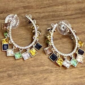 LOFT Gold Tone Multi Color Square Crystal Dangle Hoop Statement Earrings NWOT